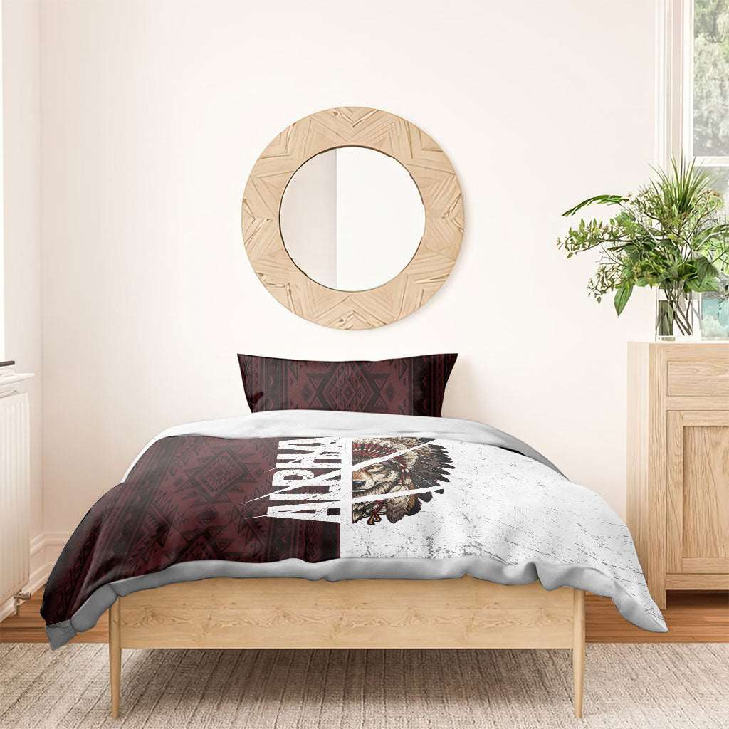 Native American Alpha Wolf Bedding Set Tribal Headdress Split Geometric Pattern Art
