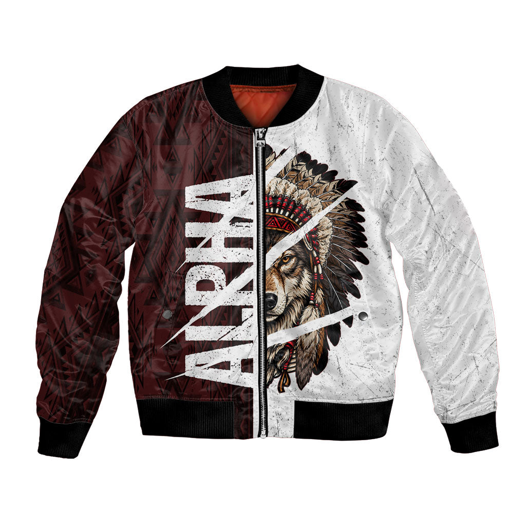 Native American Alpha Wolf Bomber Jacket Tribal Headdress Split Geometric Pattern Art