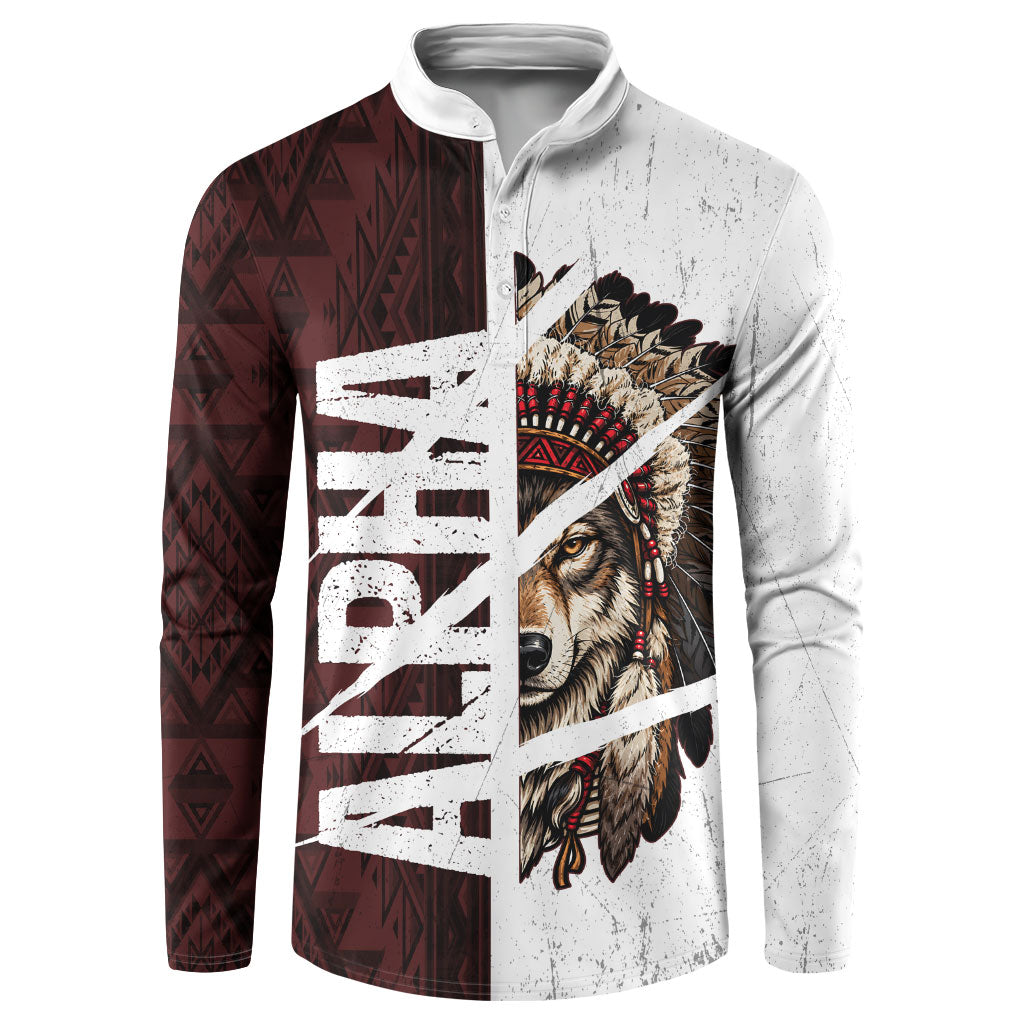 Native American Alpha Wolf Button Sweatshirt Tribal Headdress Split Geometric Pattern Art