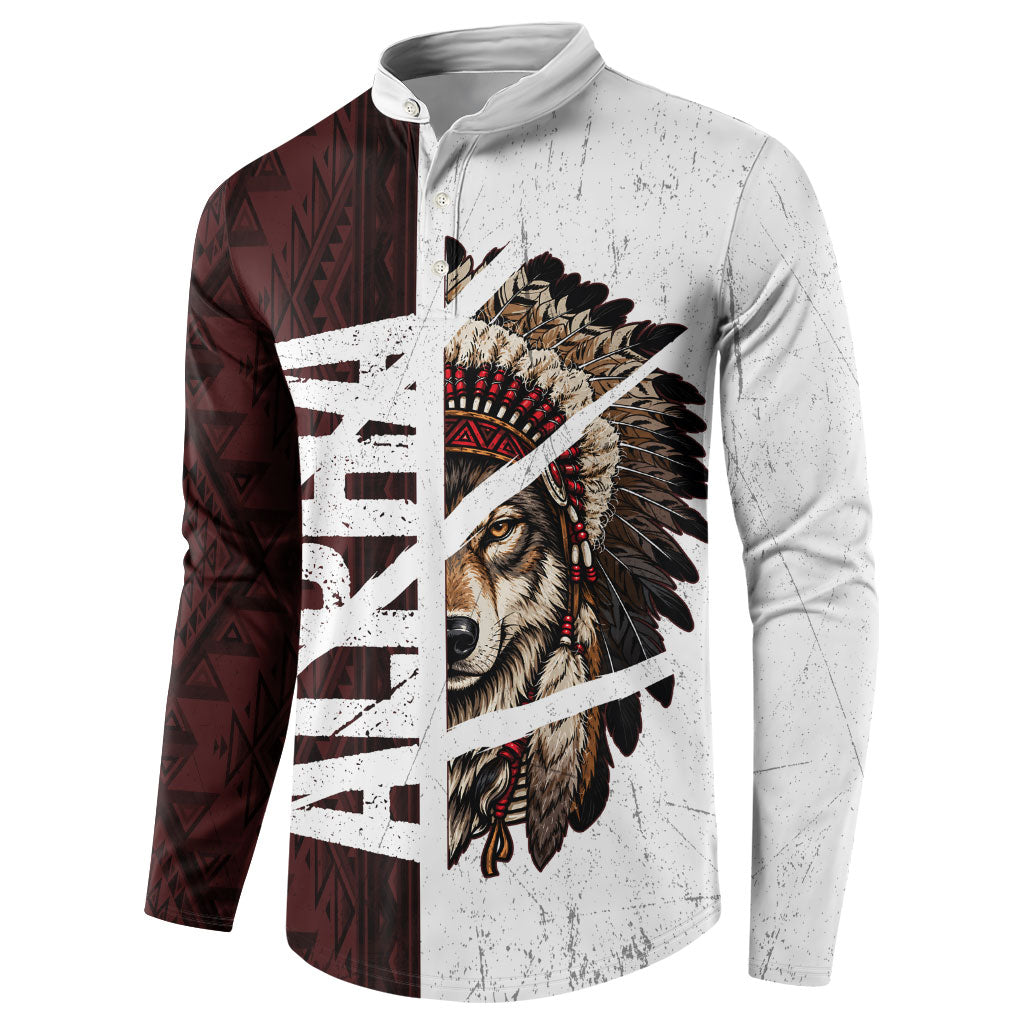 Native American Alpha Wolf Button Sweatshirt Tribal Headdress Split Geometric Pattern Art