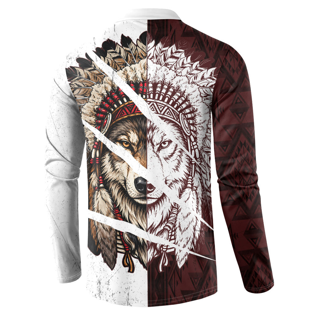 Native American Alpha Wolf Button Sweatshirt Tribal Headdress Split Geometric Pattern Art
