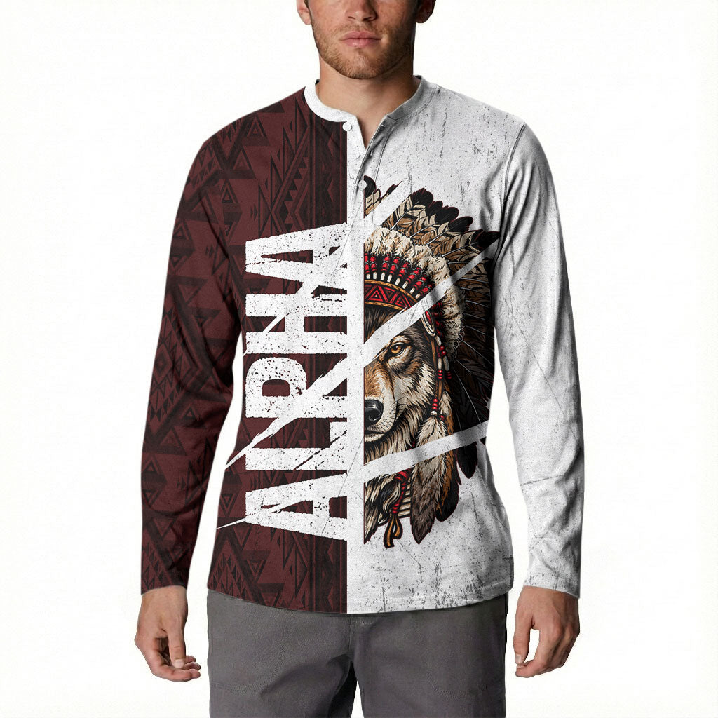 Native American Alpha Wolf Button Sweatshirt Tribal Headdress Split Geometric Pattern Art