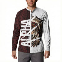 Native American Alpha Wolf Button Sweatshirt Tribal Headdress Split Geometric Pattern Art