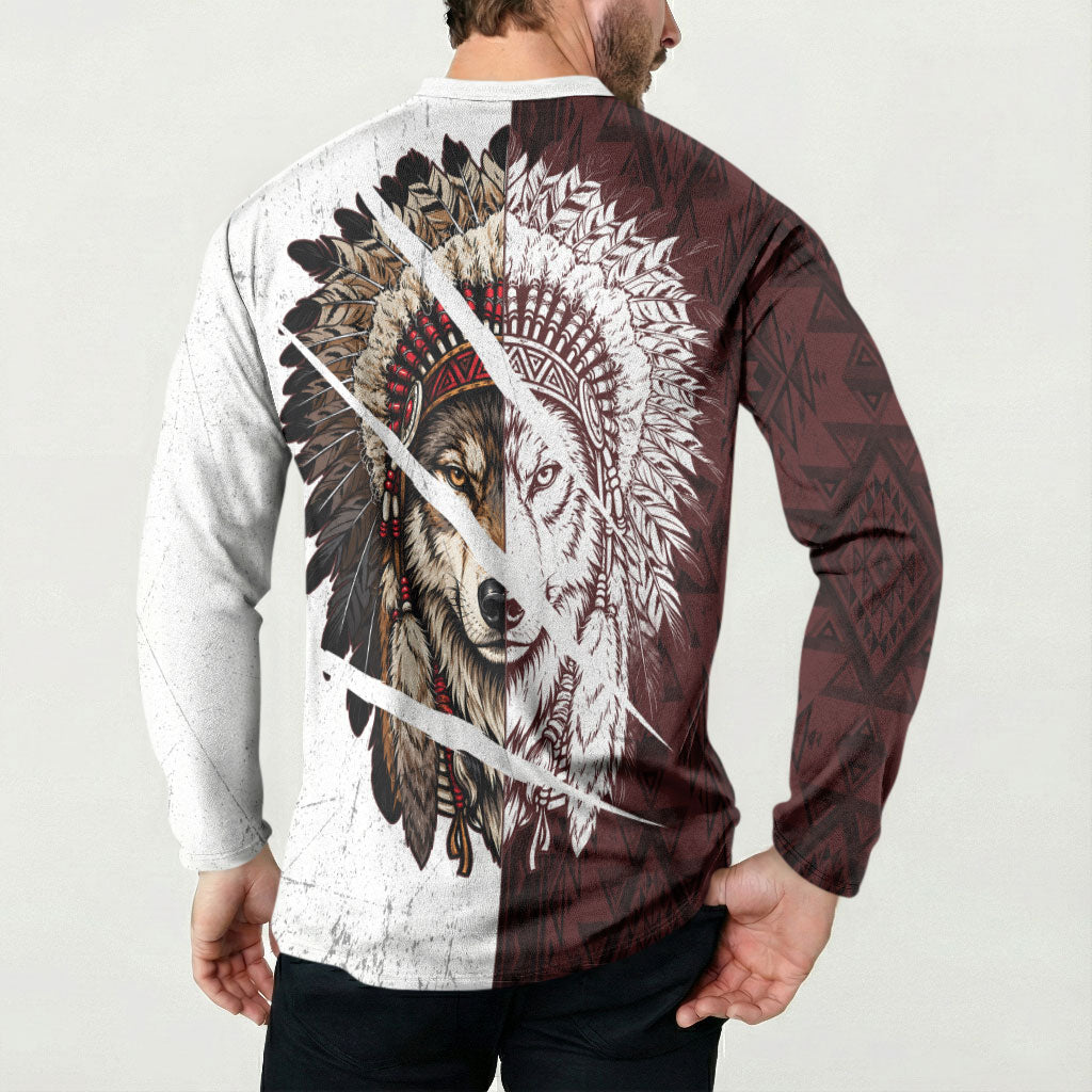 Native American Alpha Wolf Button Sweatshirt Tribal Headdress Split Geometric Pattern Art