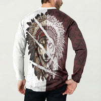 Native American Alpha Wolf Button Sweatshirt Tribal Headdress Split Geometric Pattern Art