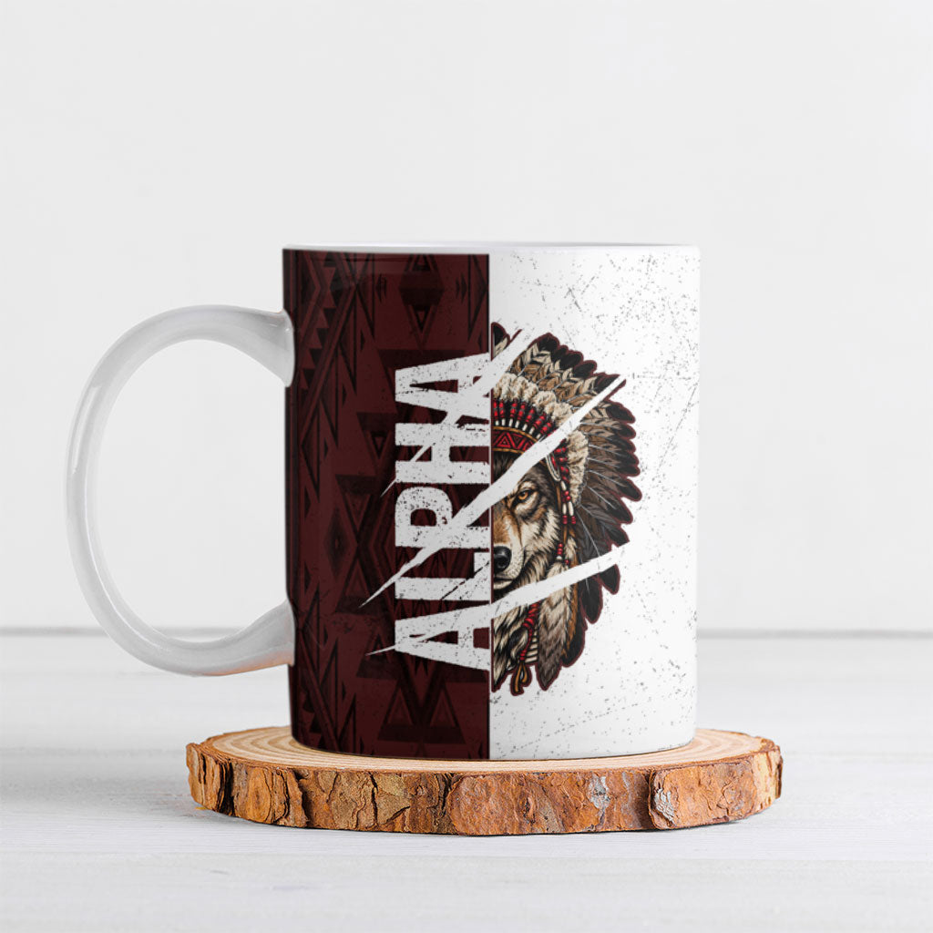 Native American Alpha Wolf Ceramic Mug Tribal Headdress Split Geometric Pattern Art