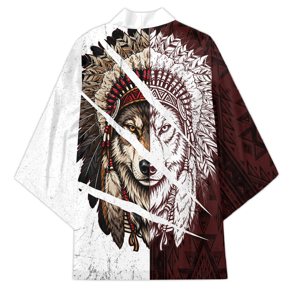 Native American Alpha Wolf Kimono Tribal Headdress Split Geometric Pattern Art