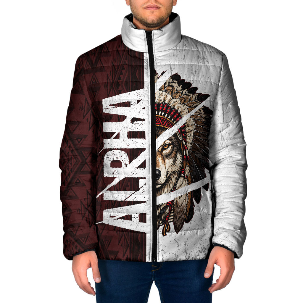 Native American Alpha Wolf Padded Jacket Tribal Headdress Split Geometric Pattern Art