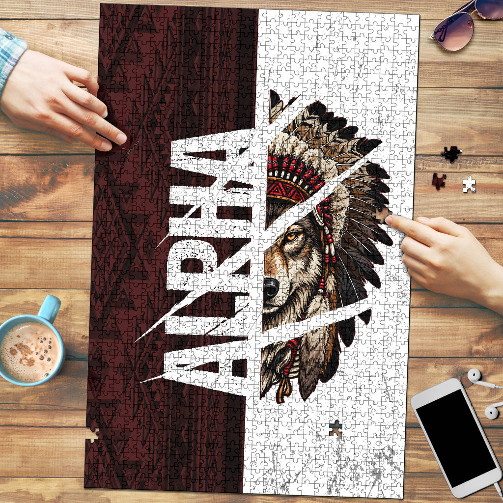 Native American Alpha Wolf Puzzle Tribal Headdress Split Geometric Pattern Art