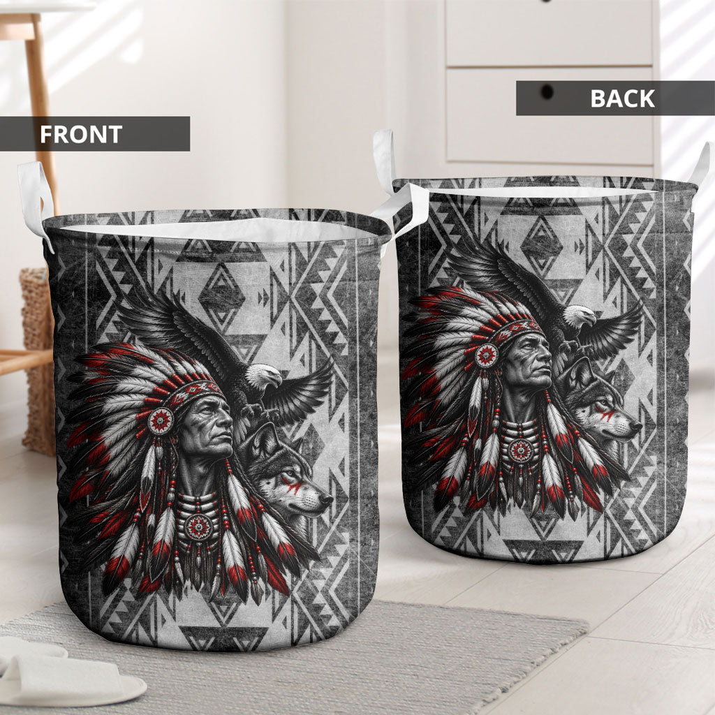 Native American Chief Eagle And Wolf Laundry Basket Tribal Pattern Dreamcatcher Wilderness Art