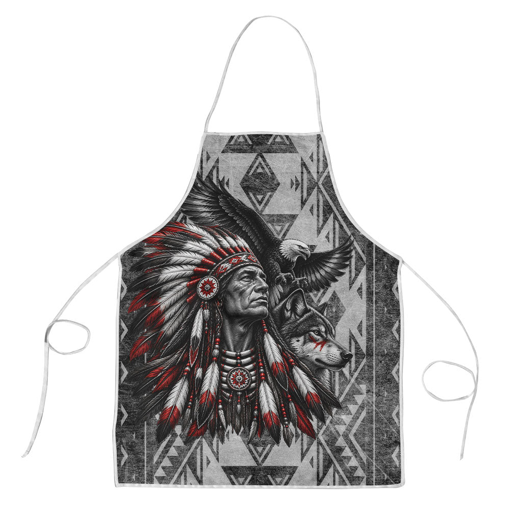 Native American Chief Eagle And Wolf Apron Tribal Pattern Dreamcatcher Wilderness Art