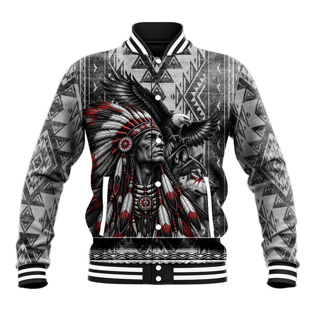 Native American Chief Eagle And Wolf Baseball Jacket Tribal Pattern Dreamcatcher Wilderness Art