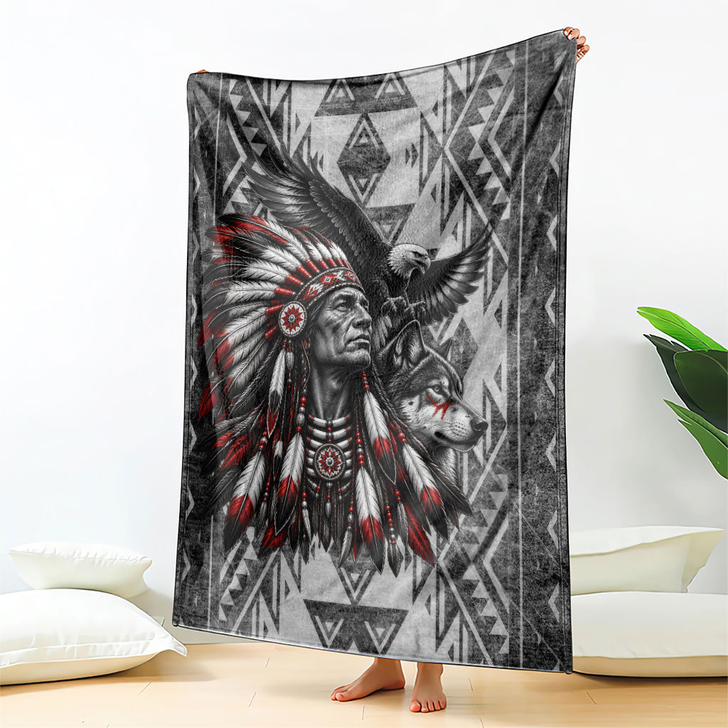 Native American Chief Eagle And Wolf Blanket Tribal Pattern Dreamcatcher Wilderness Art
