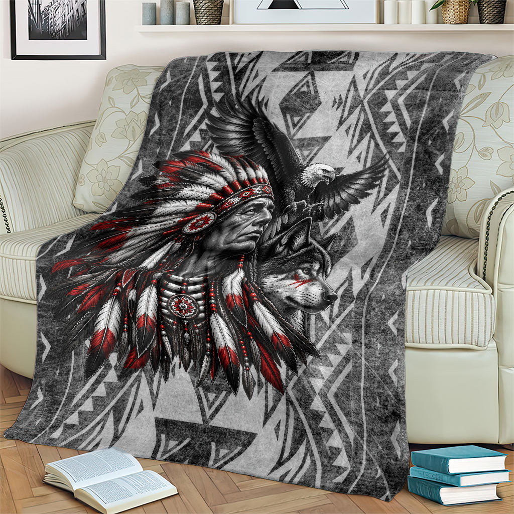 Native American Chief Eagle And Wolf Blanket Tribal Pattern Dreamcatcher Wilderness Art