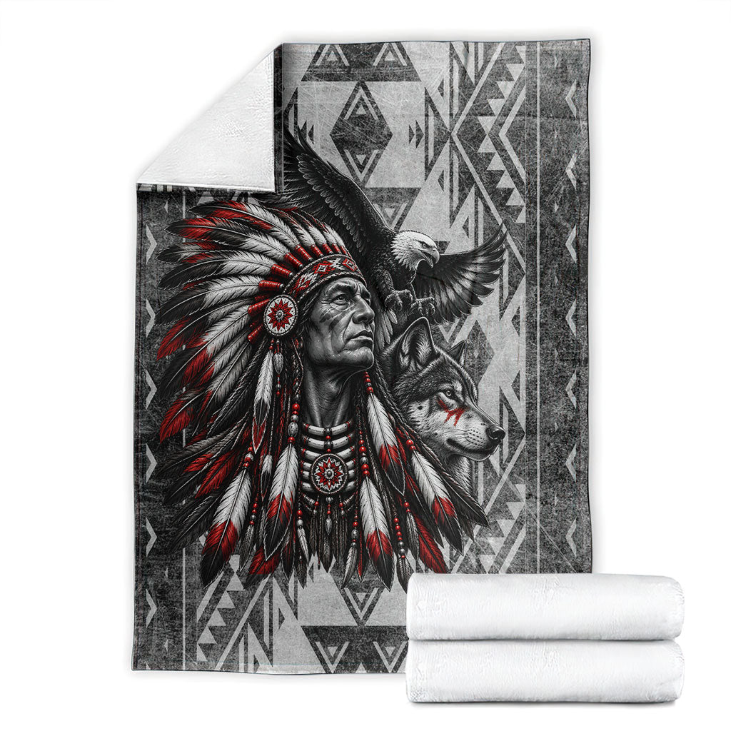 Native American Chief Eagle And Wolf Blanket Tribal Pattern Dreamcatcher Wilderness Art