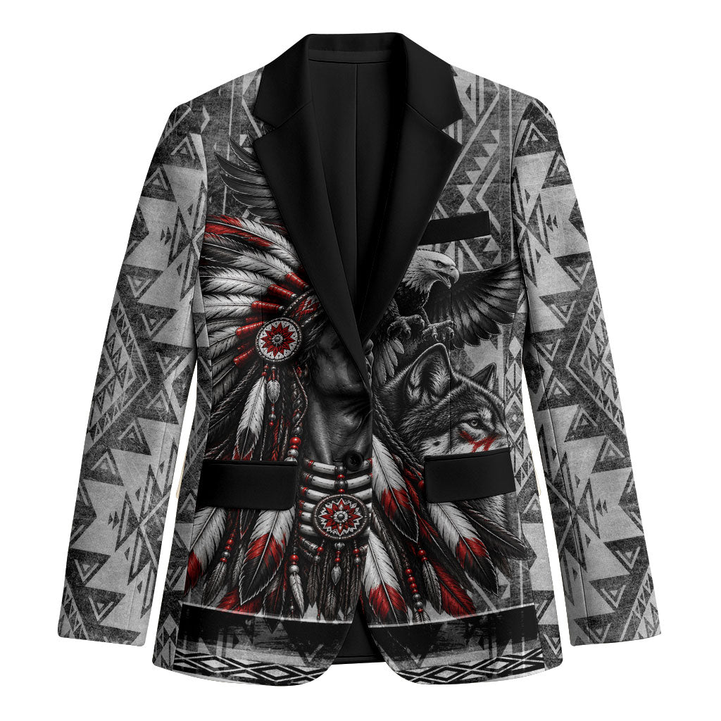 Native American Chief Eagle And Wolf Blazer Tribal Pattern Dreamcatcher Wilderness Art