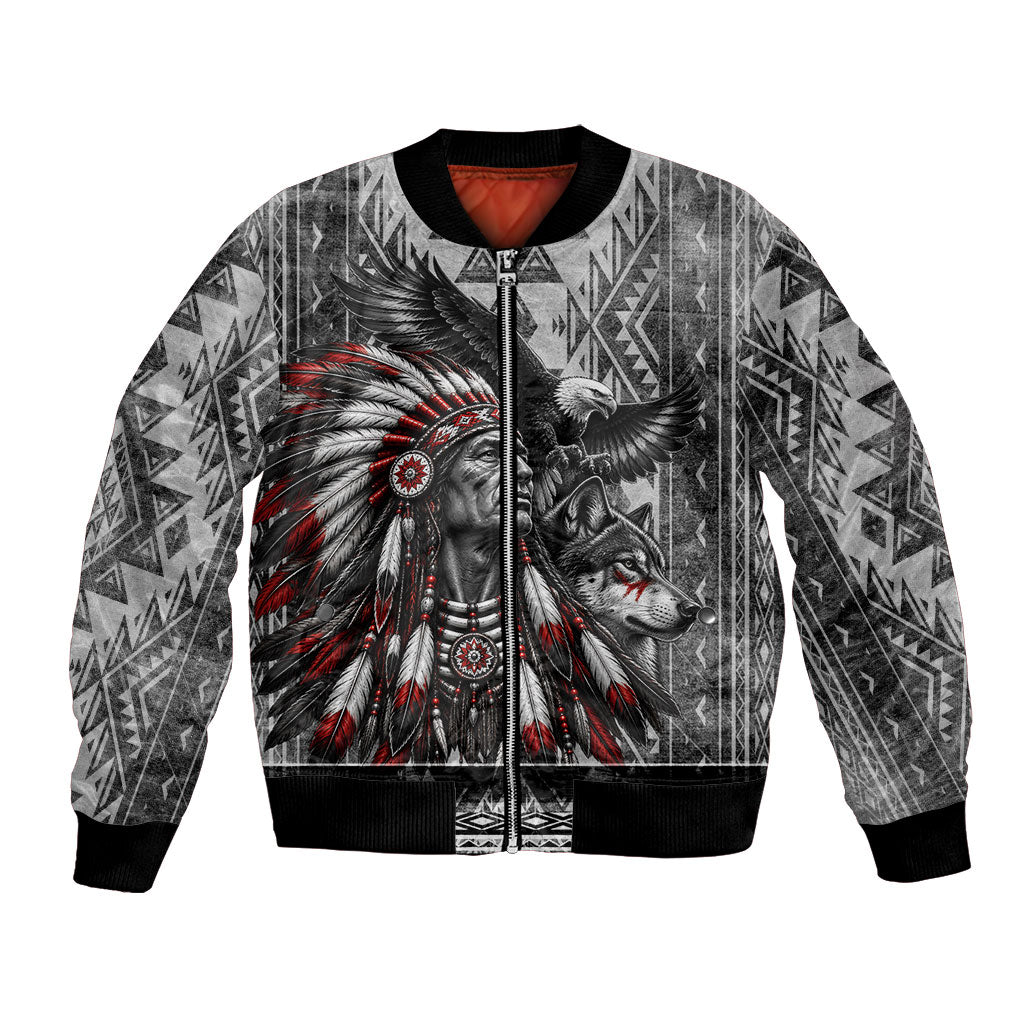 Native American Chief Eagle And Wolf Bomber Jacket Tribal Pattern Dreamcatcher Wilderness Art