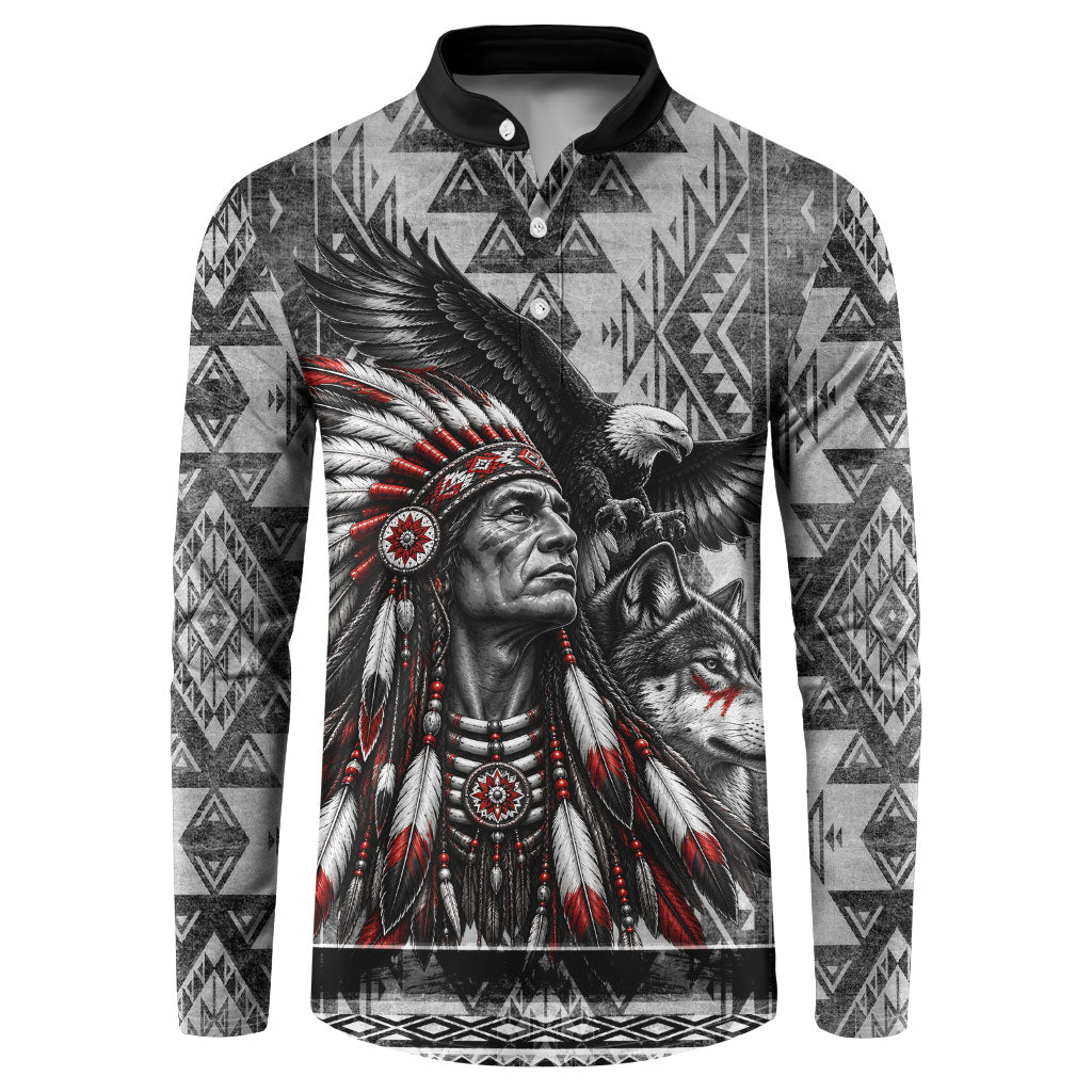 Native American Chief Eagle And Wolf Button Sweatshirt Tribal Pattern Dreamcatcher Wilderness Art