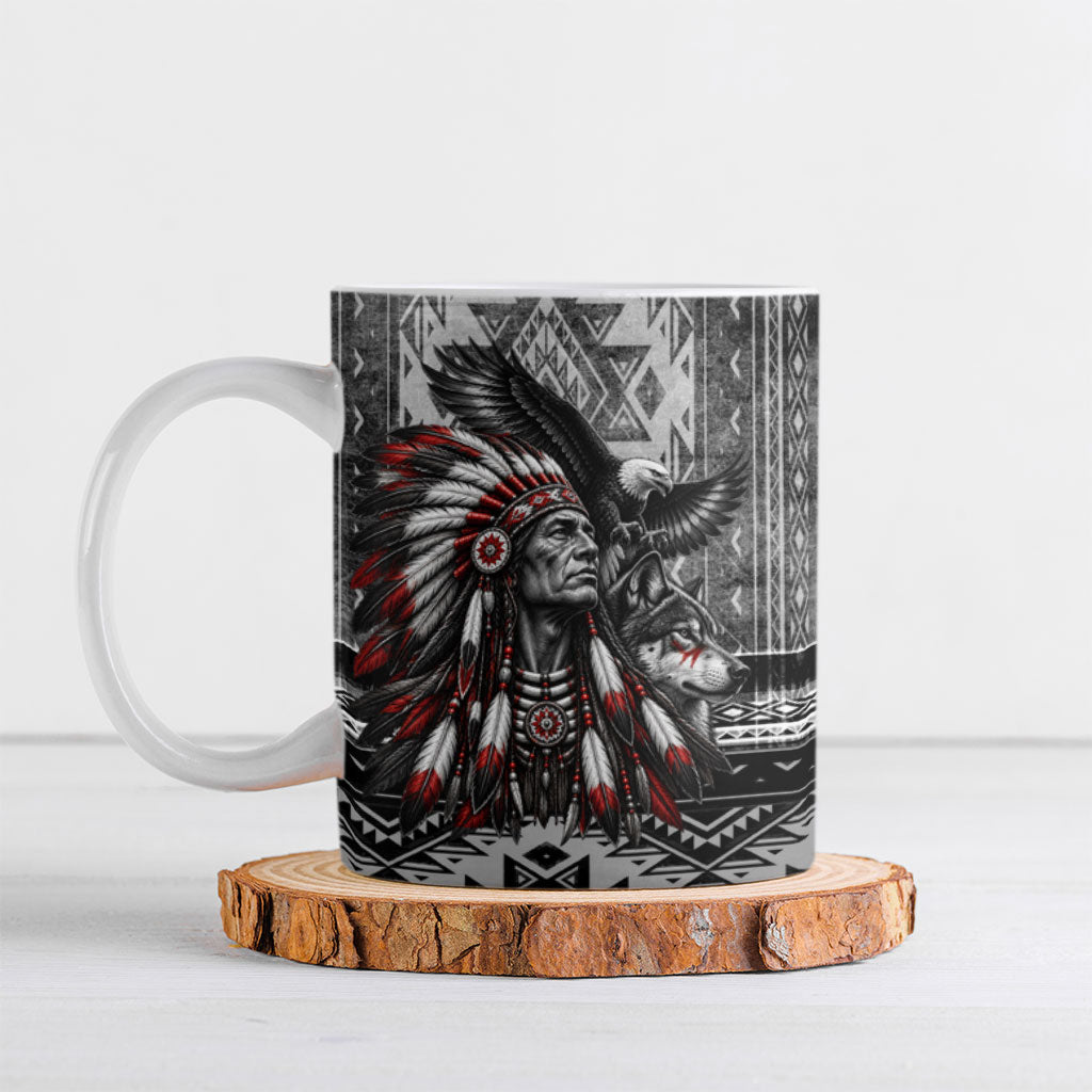 Native American Chief Eagle And Wolf Ceramic Mug Tribal Pattern Dreamcatcher Wilderness Art