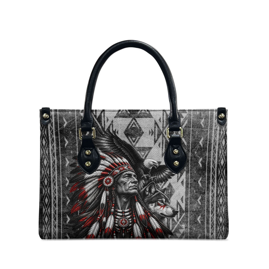 Native American Chief Eagle And Wolf Leather Bag Tribal Pattern Dreamcatcher Wilderness Art
