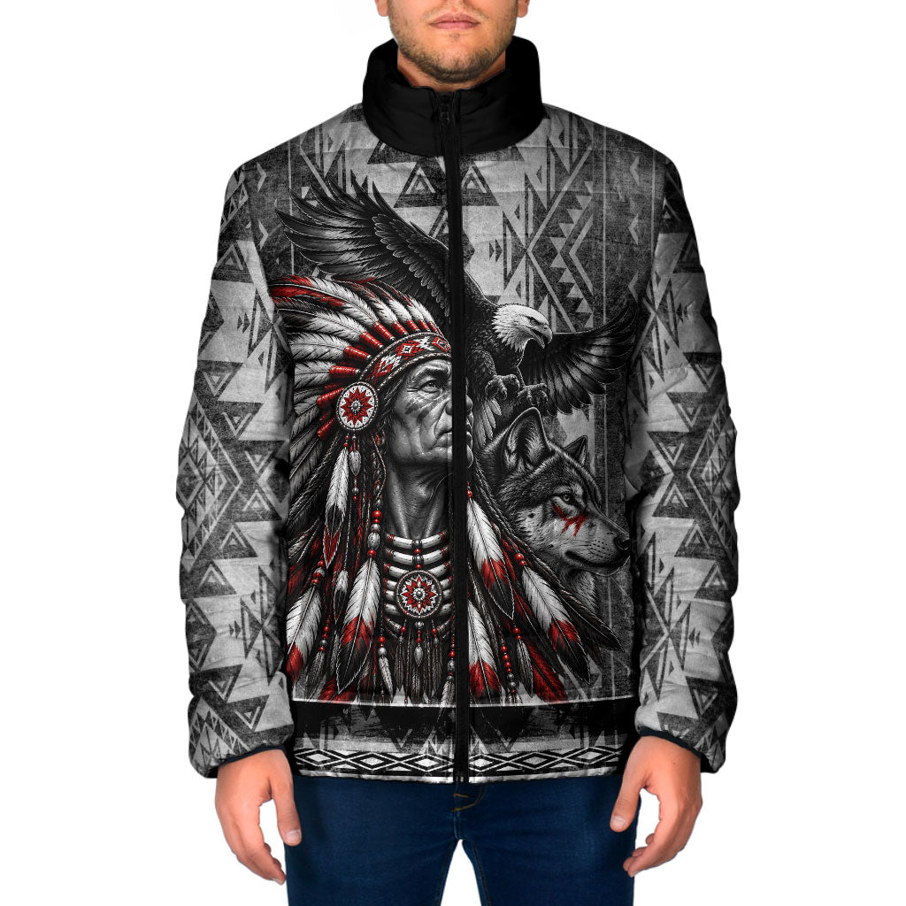 Native American Chief Eagle And Wolf Padded Jacket Tribal Pattern Dreamcatcher Wilderness Art