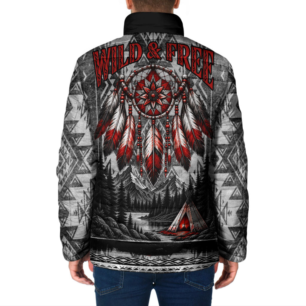Native American Chief Eagle And Wolf Padded Jacket Tribal Pattern Dreamcatcher Wilderness Art