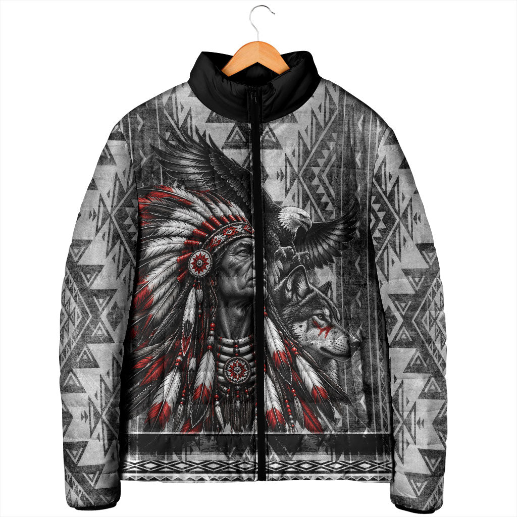 Native American Chief Eagle And Wolf Padded Jacket Tribal Pattern Dreamcatcher Wilderness Art