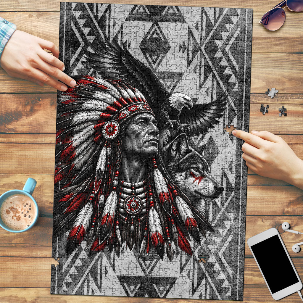 Native American Chief Eagle And Wolf Puzzle Tribal Pattern Dreamcatcher Wilderness Art