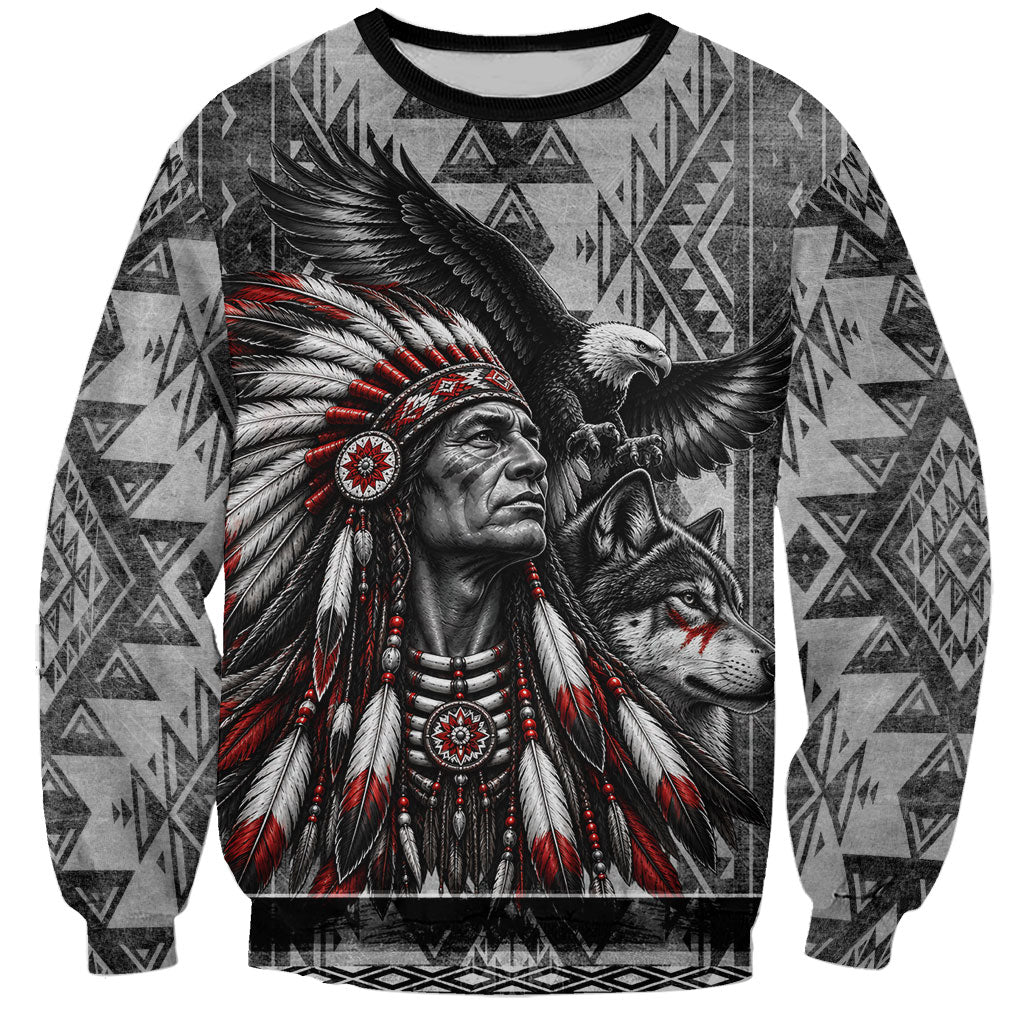 Native American Chief Eagle And Wolf Sweatshirt Tribal Pattern Dreamcatcher Wilderness Art