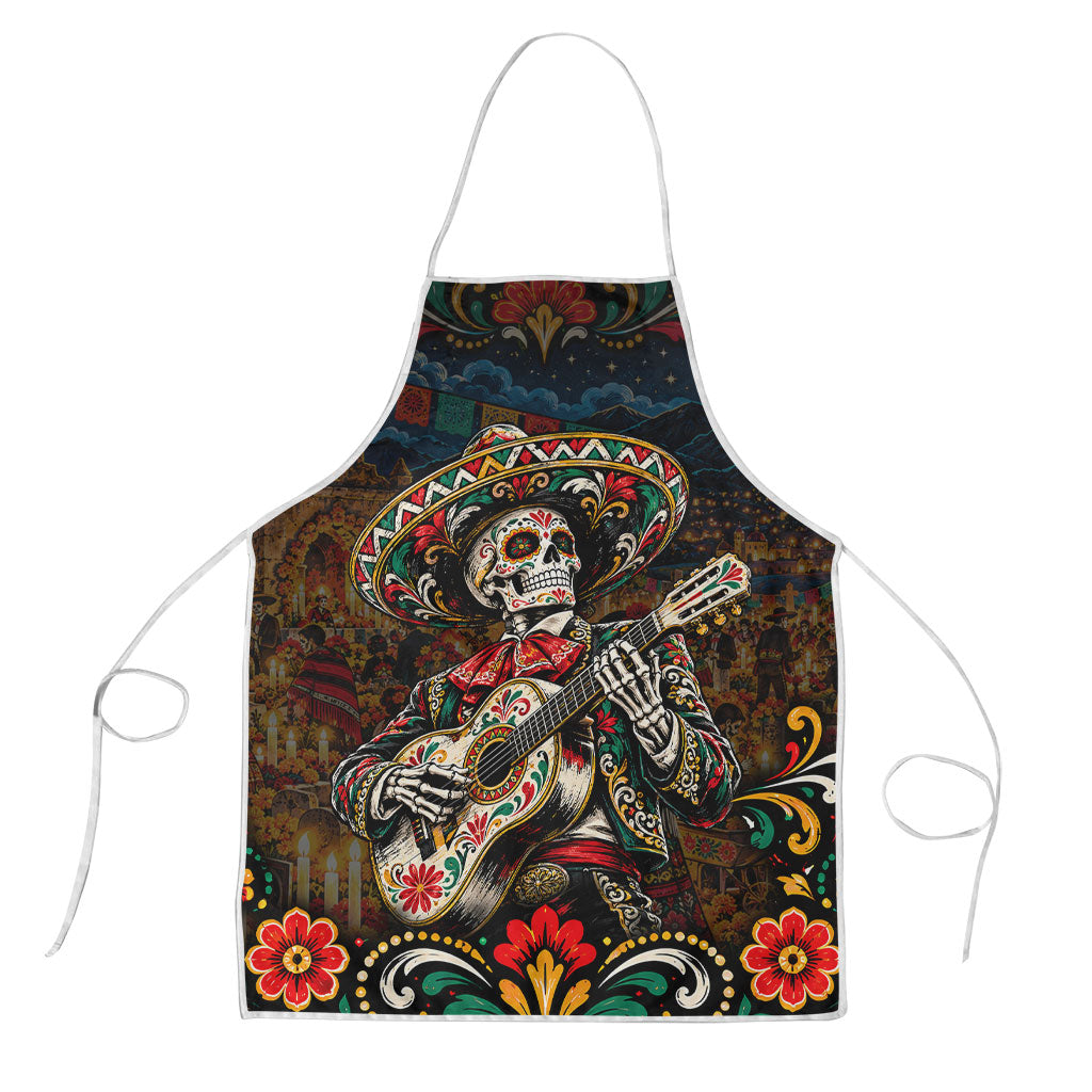 Mexico Day Of The Dead Mariachi Apron Sugar Skull Skeleton Guitar Sombrero Floral Art