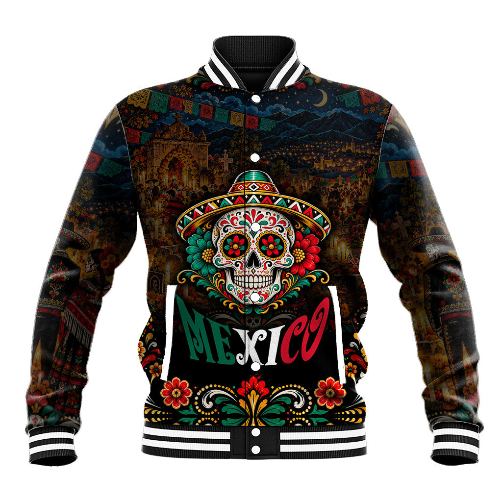 Mexico Day Of The Dead Mariachi Baseball Jacket Sugar Skull Skeleton Guitar Sombrero Floral Art