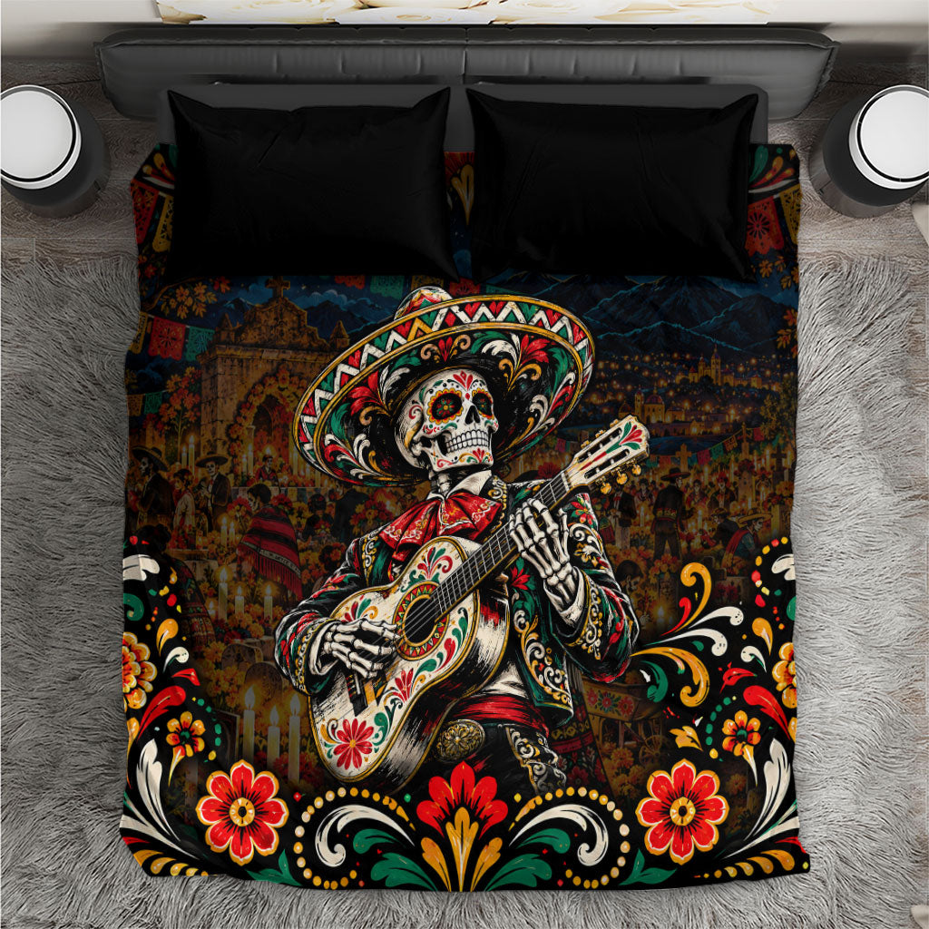 Mexico Day Of The Dead Mariachi Bedding Set Sugar Skull Skeleton Guitar Sombrero Floral Art