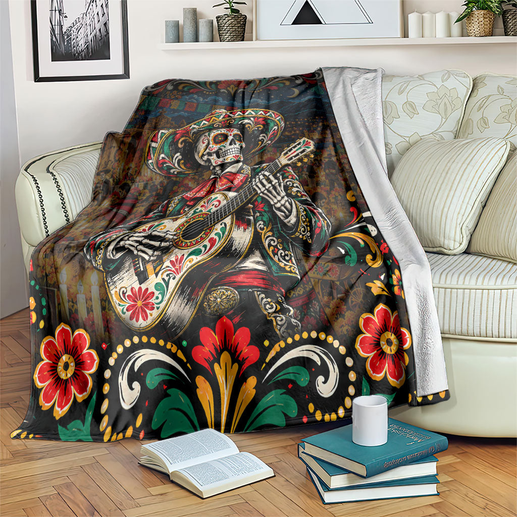 Mexico Day Of The Dead Mariachi Blanket Sugar Skull Skeleton Guitar Sombrero Floral Art