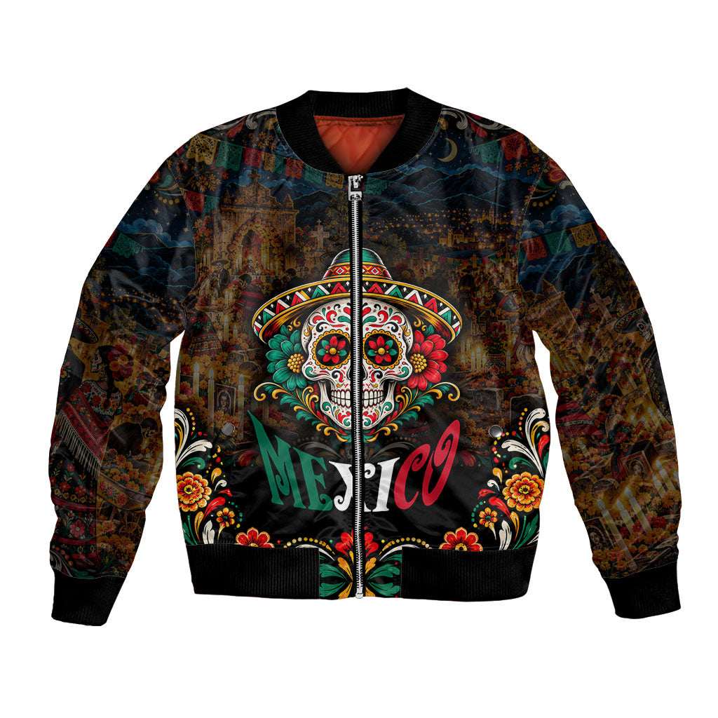 Mexico Day Of The Dead Mariachi Bomber Jacket Sugar Skull Skeleton Guitar Sombrero Floral Art