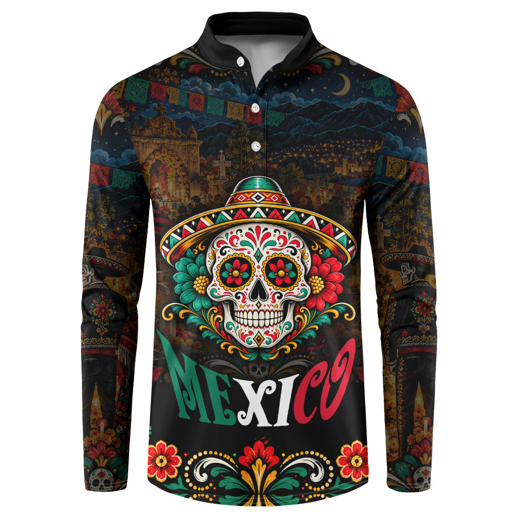 Mexico Day Of The Dead Mariachi Button Sweatshirt Sugar Skull Skeleton Guitar Sombrero Floral Art