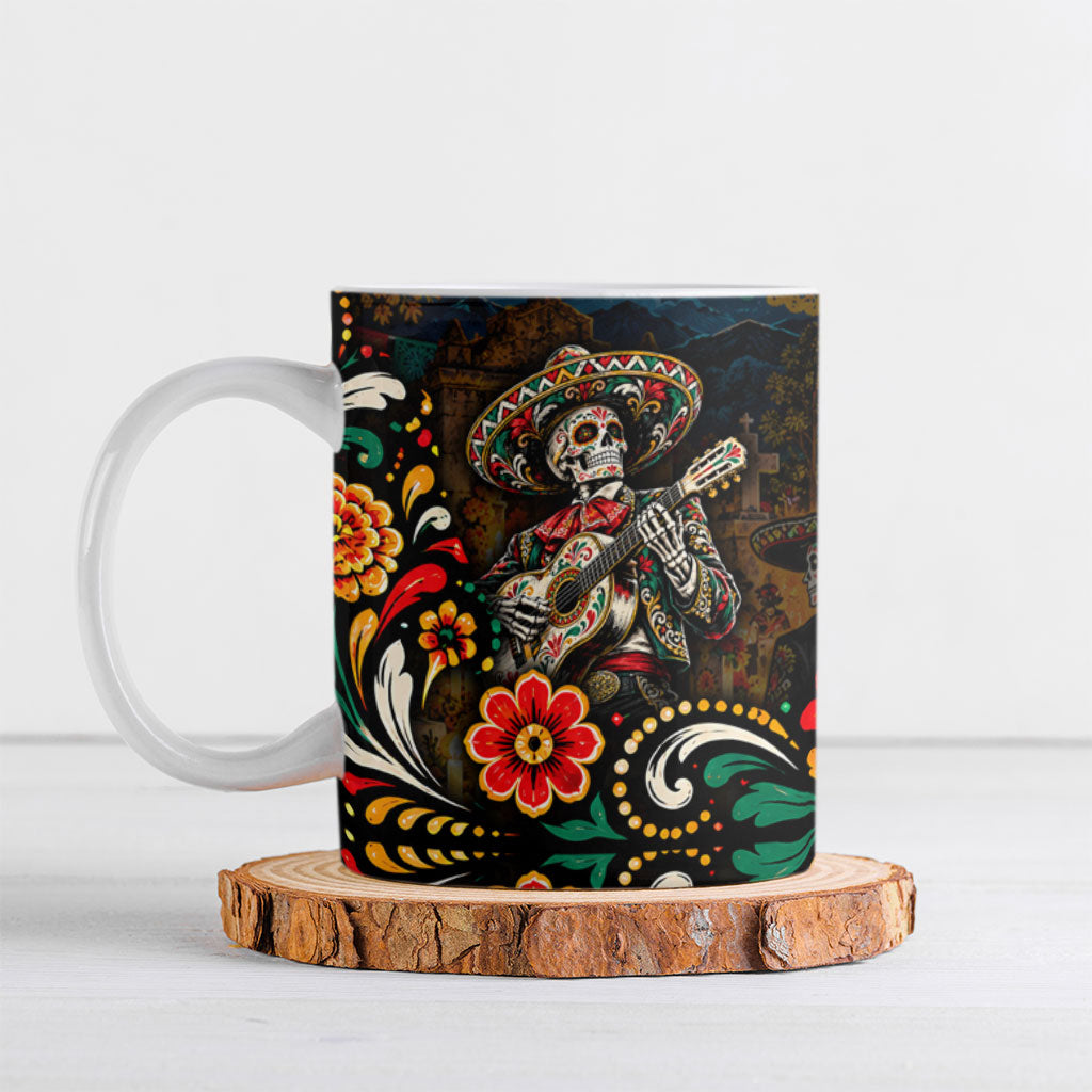 Mexico Day Of The Dead Mariachi Ceramic Mug Sugar Skull Skeleton Guitar Sombrero Floral Art