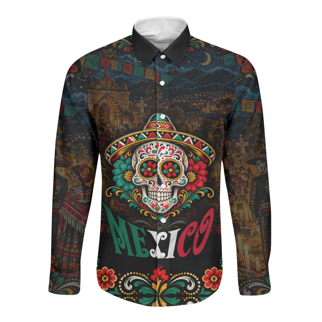 Mexico Day Of The Dead Mariachi Long Sleeve Button Shirt Sugar Skull Skeleton Guitar Sombrero Floral Art