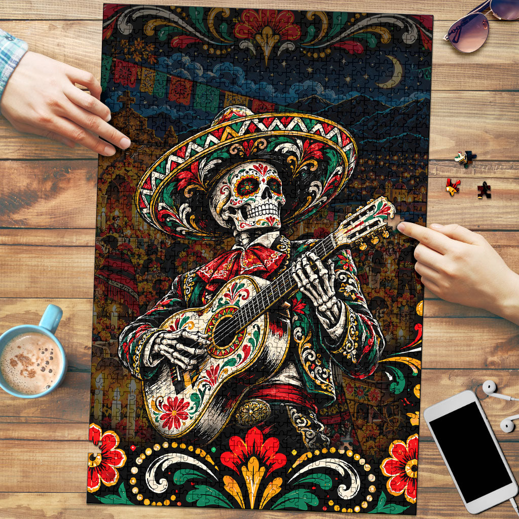 Mexico Day Of The Dead Mariachi Puzzle Sugar Skull Skeleton Guitar Sombrero Floral Art