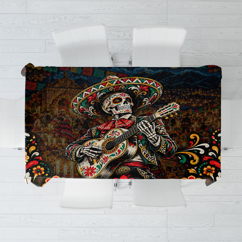 Mexico Day Of The Dead Mariachi Tablecloth Sugar Skull Skeleton Guitar Sombrero Floral Art