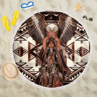 Native American Eagle Beach Blanket Indigenous Woman Tribal Geometric Pattern Art