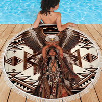 Native American Eagle Beach Blanket Indigenous Woman Tribal Geometric Pattern Art