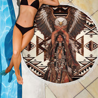 Native American Eagle Beach Blanket Indigenous Woman Tribal Geometric Pattern Art