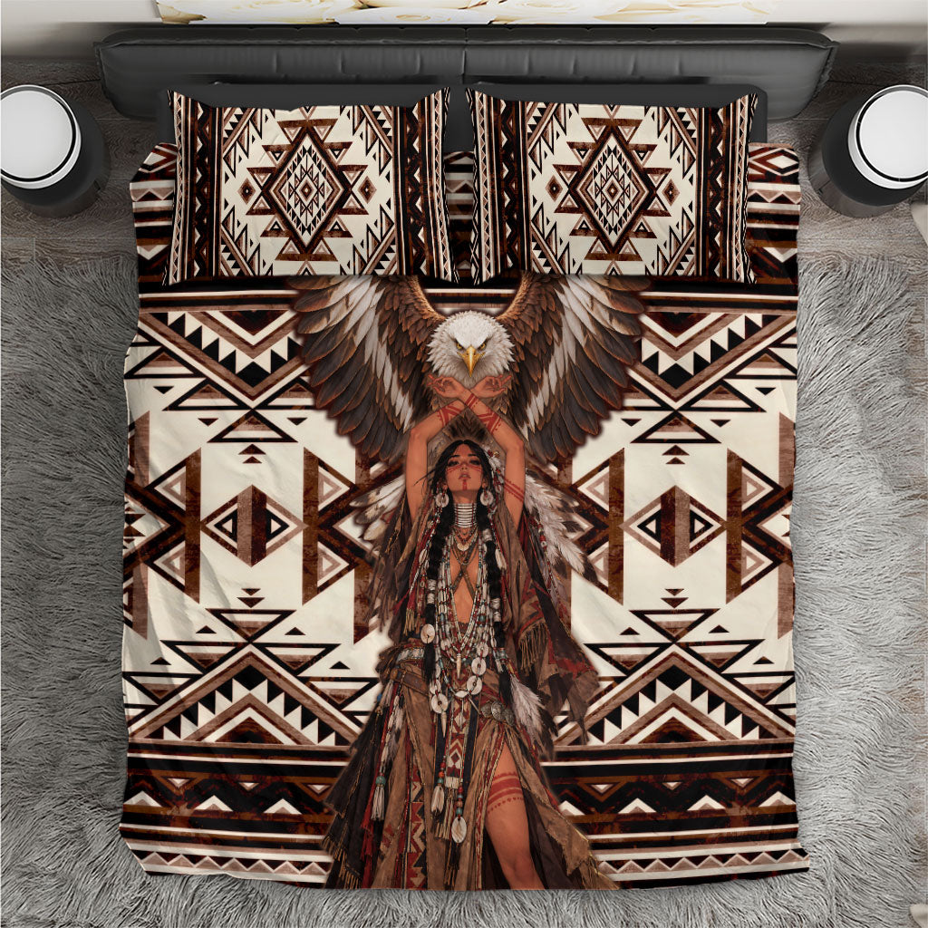 Native American Eagle Bedding Set Indigenous Woman Tribal Geometric Pattern Art