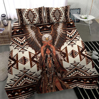 Native American Eagle Bedding Set Indigenous Woman Tribal Geometric Pattern Art