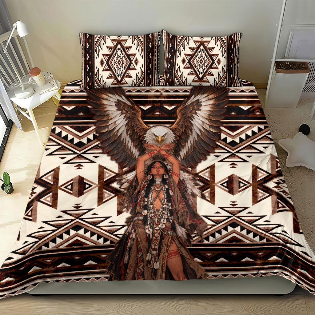 Native American Eagle Bedding Set Indigenous Woman Tribal Geometric Pattern Art