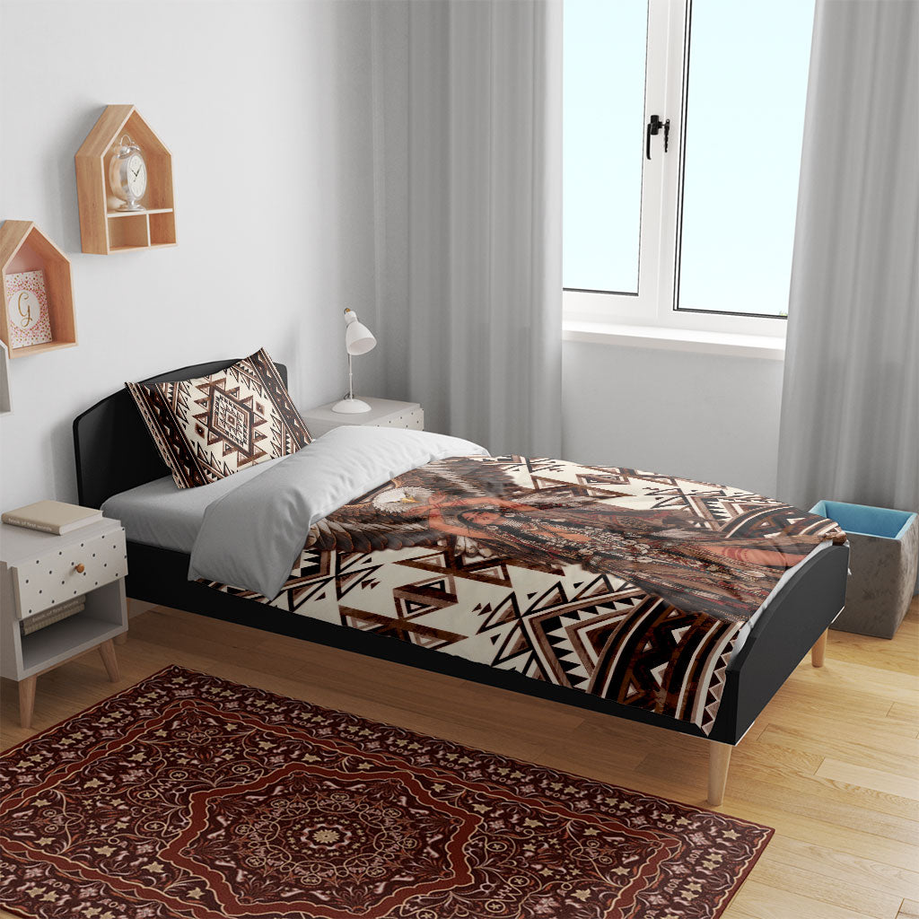 Native American Eagle Bedding Set Indigenous Woman Tribal Geometric Pattern Art