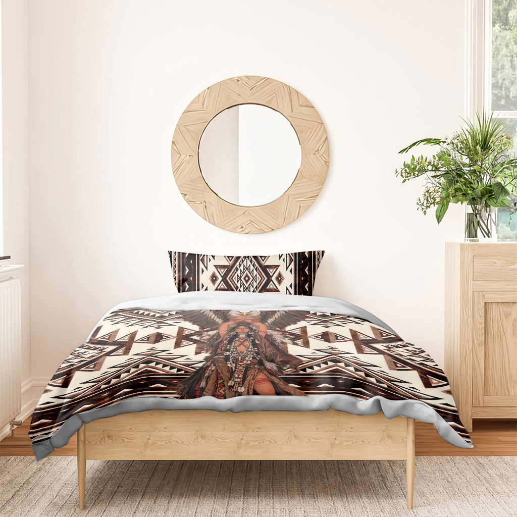 Native American Eagle Bedding Set Indigenous Woman Tribal Geometric Pattern Art