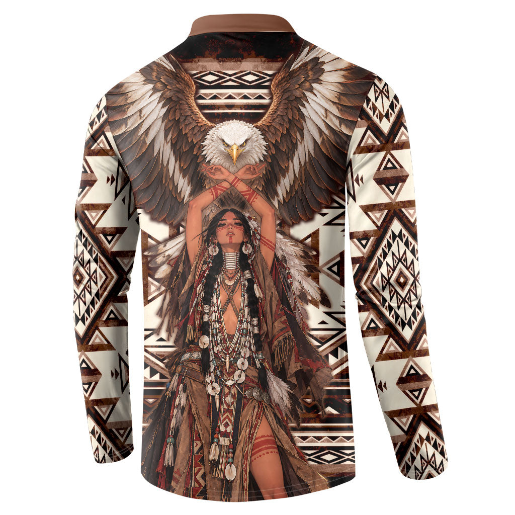Native American Eagle Button Sweatshirt Indigenous Woman Tribal Geometric Pattern Art