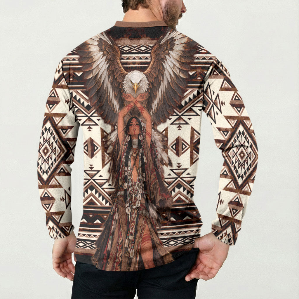 Native American Eagle Button Sweatshirt Indigenous Woman Tribal Geometric Pattern Art