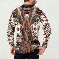Native American Eagle Button Sweatshirt Indigenous Woman Tribal Geometric Pattern Art
